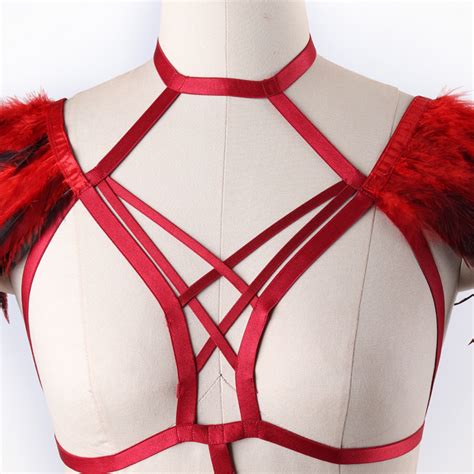 Rave Wear Feathers Epaulette Cage Bra Womens Feathers Gothic Body