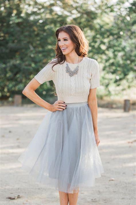 Picture Of Grey Midi Tulle Skirt With A Creamy Top And A