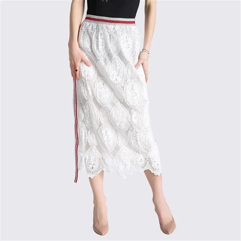 Women Summer Sexy White Lace Pencil Midi Skirt 2018 New Fashion Female Striped Patchwork High