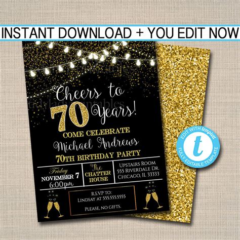 Editable 70th Party Invitation Birthday Printable Cheers To Seventy Y