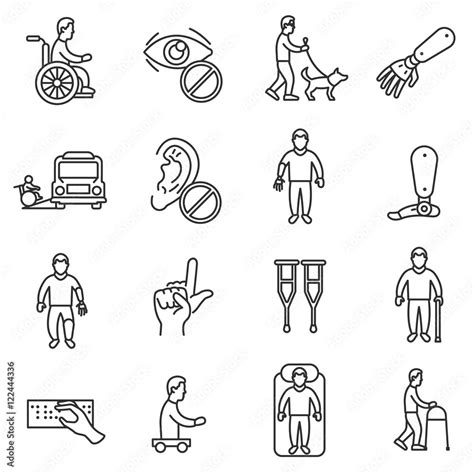 Disability Icons Set Line Style Assistance To Disabled People