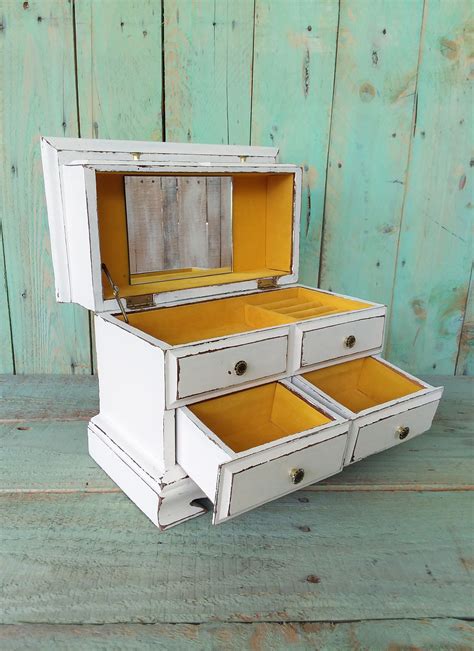 Vintage Wooden Jewelry Box Painted Antique White And Distressed By