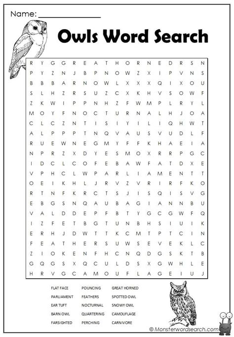 Owls Word Search Monster Word Search