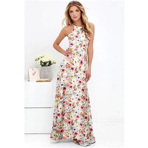 anself sexy women maxi boho dress halter neck floral print sleeveless summer dress 2018 holiday