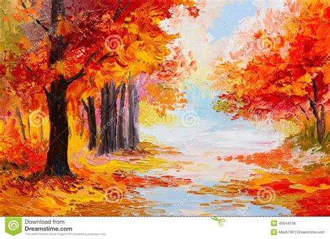 Oil Painting Landscape Colorful Autumn Forest Stock