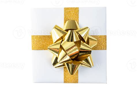 White T Box And Gold Ribbon Isolated On A Transparent Background