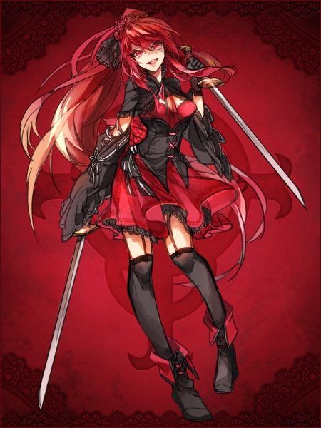 An Anime Character With Long Red Hair Holding Two Swords
