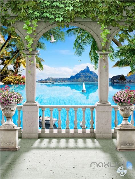 3d Pillar Balcony Palm Tree Corridor Entrance Wall Mural