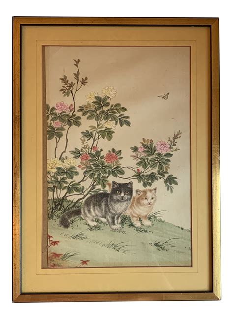 1940s Vintage Japanese Cat Silk Painting On Painting