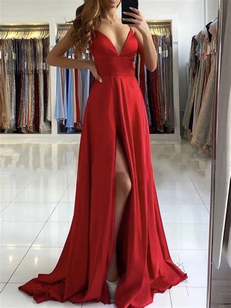 A Line V Neck Backless Long Red Prom Dresses With High Slit Backless