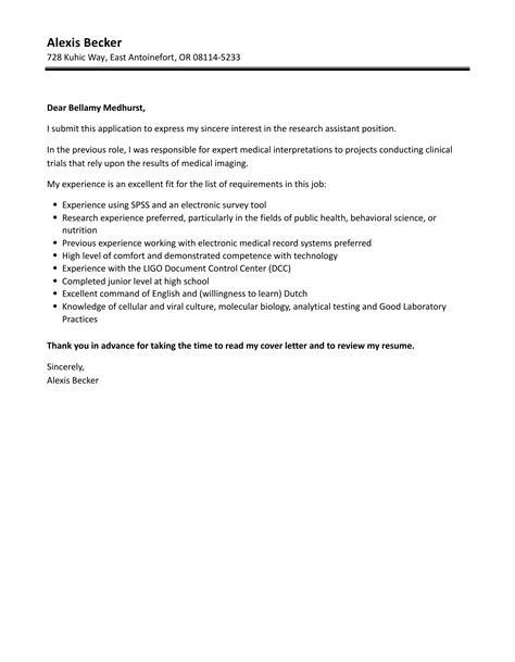 Research Assistant Cover Letter Velvet Jobs