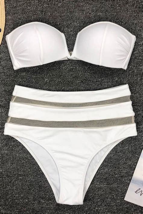 High Waisted Mesh Notch Front Bandeau Bikini Two Piece Swimsuit Fabzop