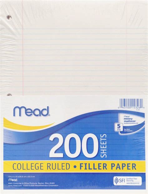 Mead Filler Paper Loose Leaf Paper College Ruled 200