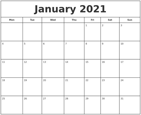 Calendar type, layout, holidays, week start. 2021 Printable Calendar January | Printable Calendar Design