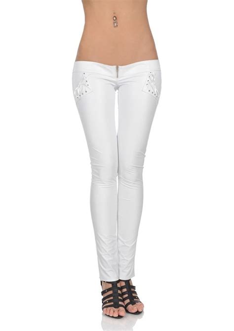 Sexy Low Rise White Pants Hipster Jeans Lace Up Women Lady Glossy Zip