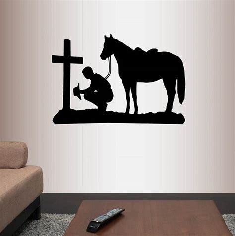 Home Décor Praying Cowboy With Horse Kneeling At Cross Vinyl Decal Wall