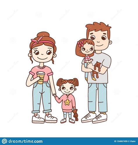 Familia Joven Mamá Papá Y Dos Hijas Ilustración Del