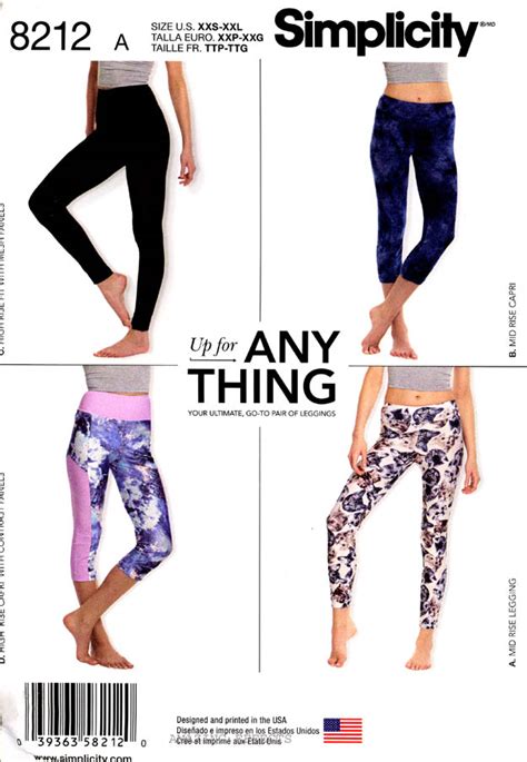 Simplicity Sewing Pattern 8212 Womens Xxs Xxl Knit Leggings Yoga Pants