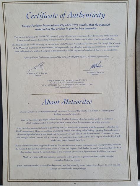Meteorite Frame And Certificate Of Authenticity 27cm 30cm Carmel