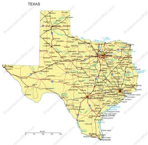 Texas Map Major Cities Roads Railroads Waterways Digital Vector