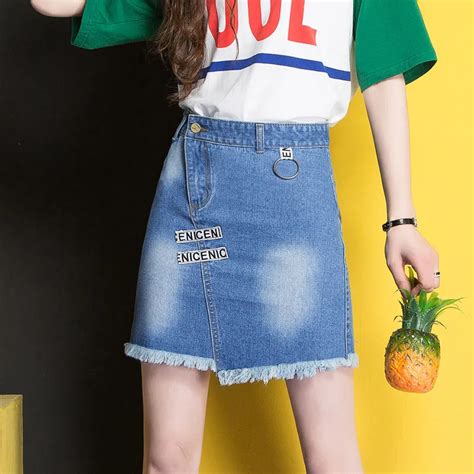 Buy 2017 Denim Skirt Women Spring Summer Slim Asymmetry Blue Mini Skirt Jeans