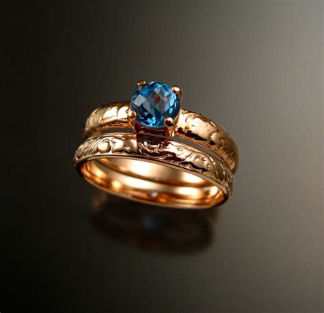 Blue Topaz Wedding Set 14k Rose Gold Ring Made To Order In Etsy