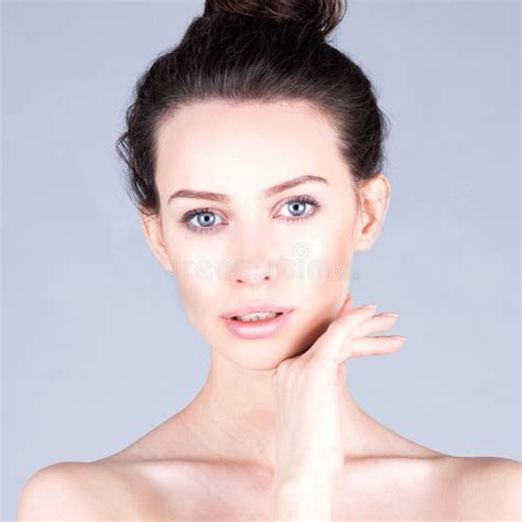 Clean And Fresh Face Of Woman Beautiful Woman Touching Cheek Result Facial Stock Image