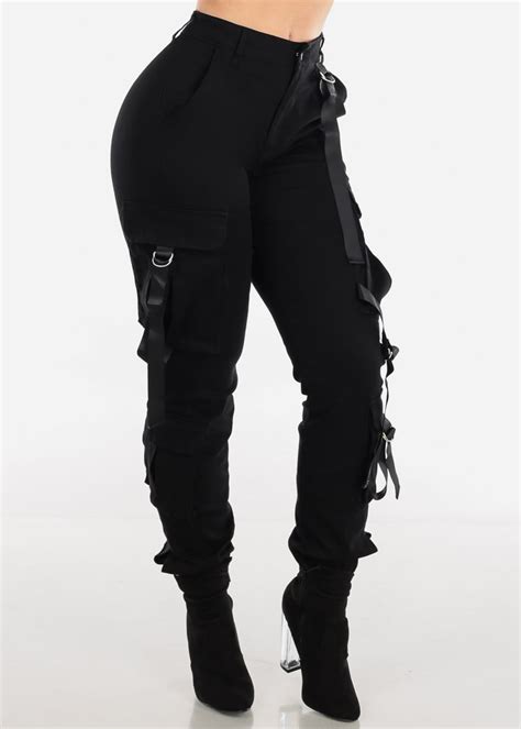 Moda Xpress Womens High Waisted Pants Cargo Style Solid Black Jogger Cargo Pants 10498h