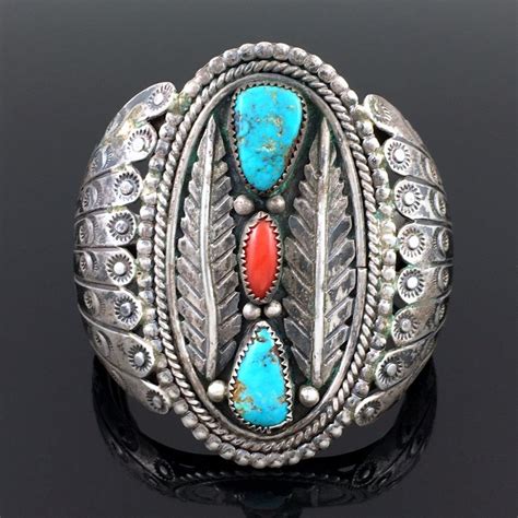 Large Navajo Handmade Sterling Silver Turquoise And Coral Cuff Bracelet