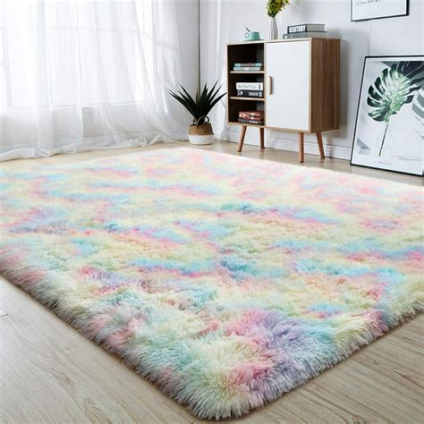 Soft Rainbow Area Rugs For Girls Room Fluffy Colorful Rugs Cute Floor