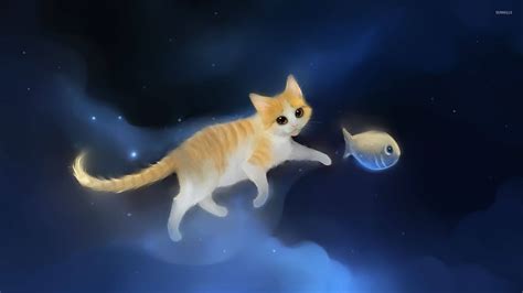 Download Cat Art Floating Cat And Fish Wallpaper