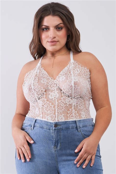 Plus Size Sheer Lace Sleeveless V Neck Criss Cross Back Strap Bodysuit In 2022 Sheer Lace