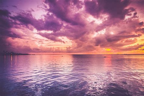 Purple Sky Clouds Sunset Dusk Ocean Sea Lake Water Horizon