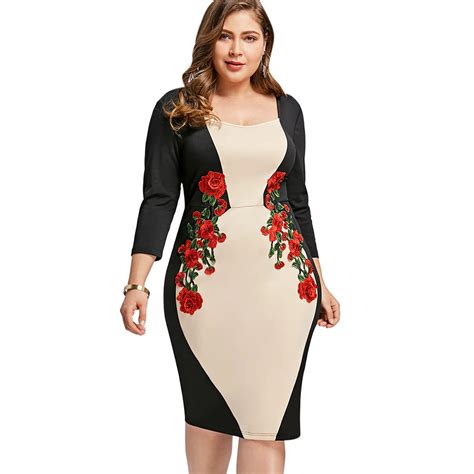 Rosegal Plus Size Color Block Embroidered Bodycon Dress Ol Women Party
