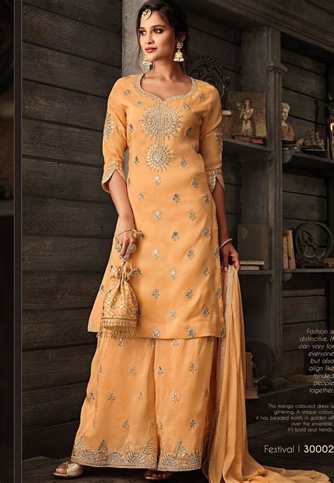 Mustard Georgette Embroidered Palazzo Style Suit 30002 Salwar Kameez