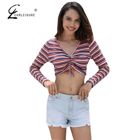 Chrleisure Sexy V Neck Long Sleeve Tshirt Women Multicolour Stripe Croped Top Lace Up Sweater