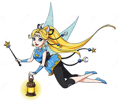 Pretty Cartoon Fairy Holding Lantern And Magic Wand Blonde Hair Blue