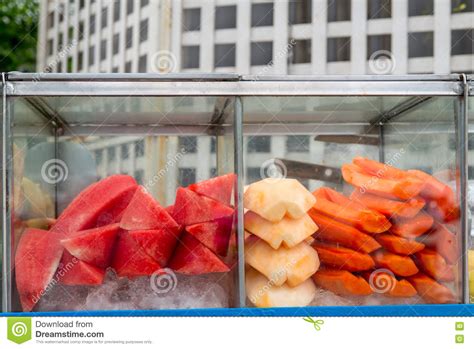Assorted Cut Fruits In A Street Vendor Cart Stock Photo Image Of