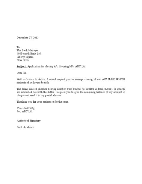 Bank Account Closure Letter Sample