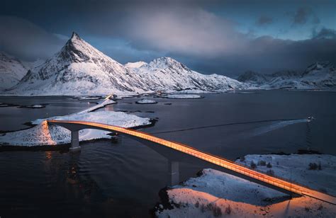 Wallpaper Light Trails Winter Bridge Mountains Night Lights