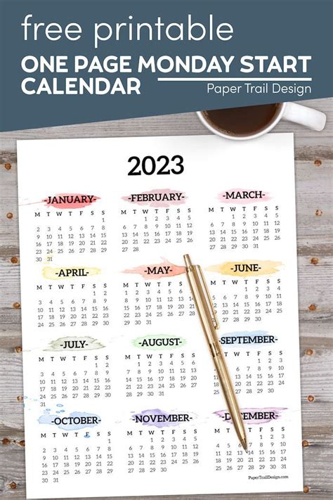 2023 Monday Start Calendar One Page Paper Trail Design In 2022