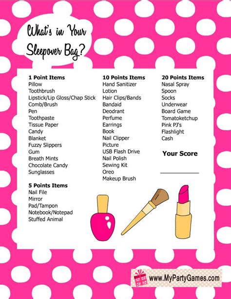 Free Printable Whats In Your Sleepover Bag Slumber Party Game For