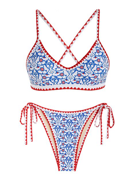 Bohemian Tie Side Whip Stitch Print Criss Cross Bikini Set Seamolly