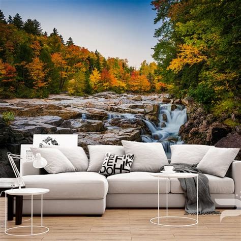 Colorful Forest Waterfall Wall Mural Autumn Wallpaper Large Etsy