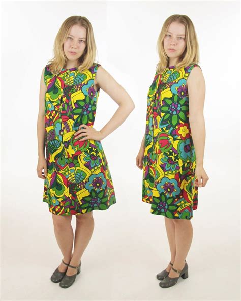 60s Mod Psychedelic Mini Dress Floral Go Go Handmade Cotton Vintage
