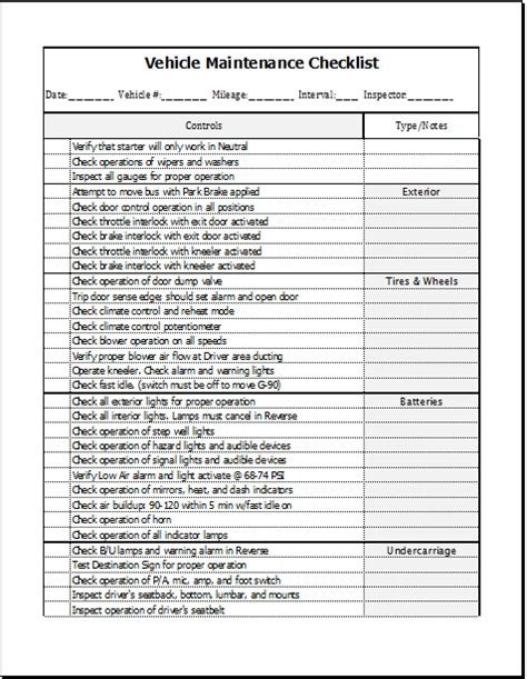 Vehicle Maintenance Checklist Template Formal Word Templates