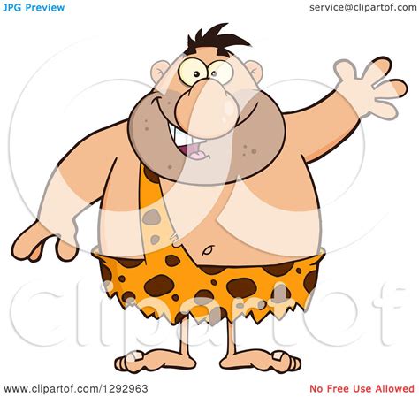 Clipart Of A Cartoon Happy Chubby Male Caveman Waving Royalty Free