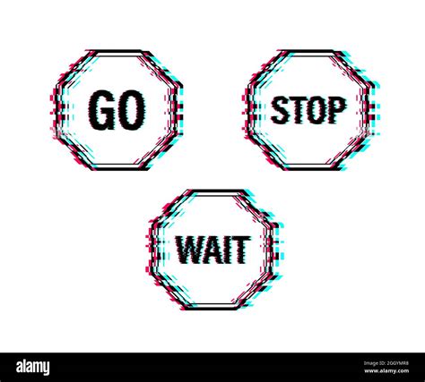 Button On White Backdrop Go Wait Stop Glitch Set Signs Vector