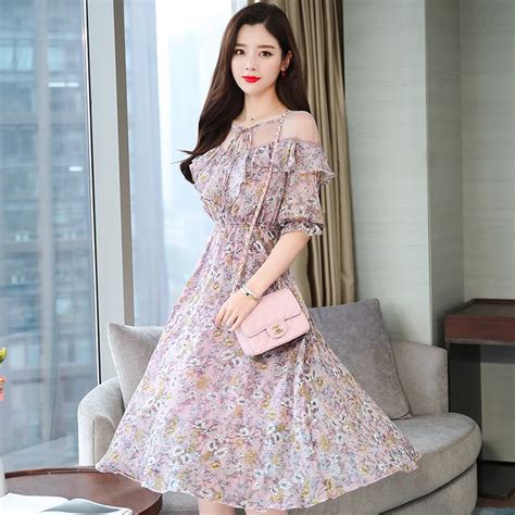 Korean Fashion Off The Shoulder Floral Print Summer Dress New Women