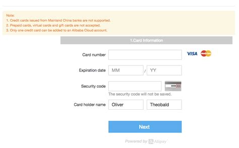 Credit card companies don't usually accept credit cards as a regular form of payment, in part because it opens the door for debt to revolve through your accounts in an infinite loop. Add a payment method - Manage Accounts| Alibaba Cloud ...